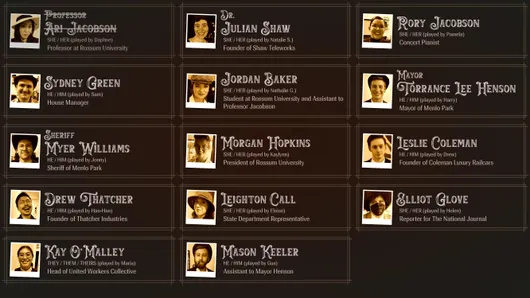 Screenshot of guest list app, where many players are shown with character names and old timey profile images. One person's name is crossed out and faded.