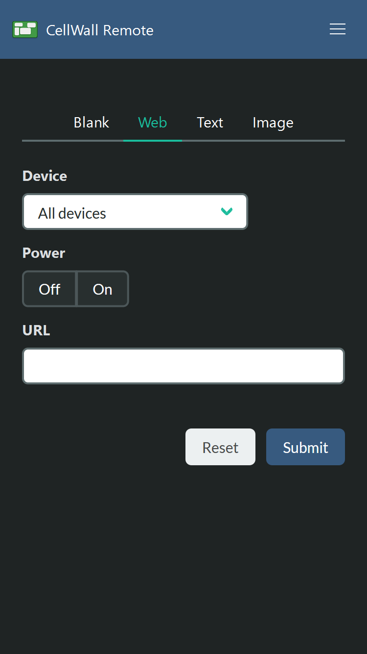 Remote control app with power buttons, device selection, and manual display controls