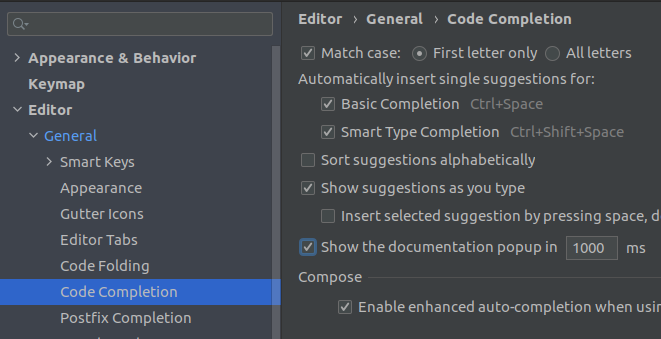 Android Studio 4.2 settings with Show the documentation popup highlighted