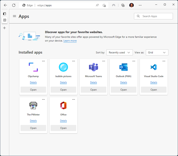 Screenshot of redesigned edge://apps page, showing various installed apps